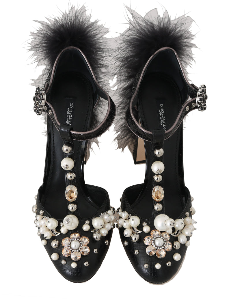 Black Lizard Leather Crystal Pumps