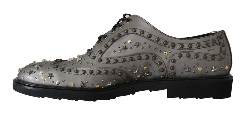Gray Leather Laceups Wing Tip Studded Shoes
