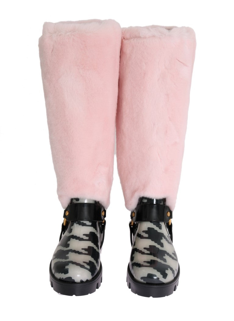 Pink Rubber Lapin Fur Rain Boots