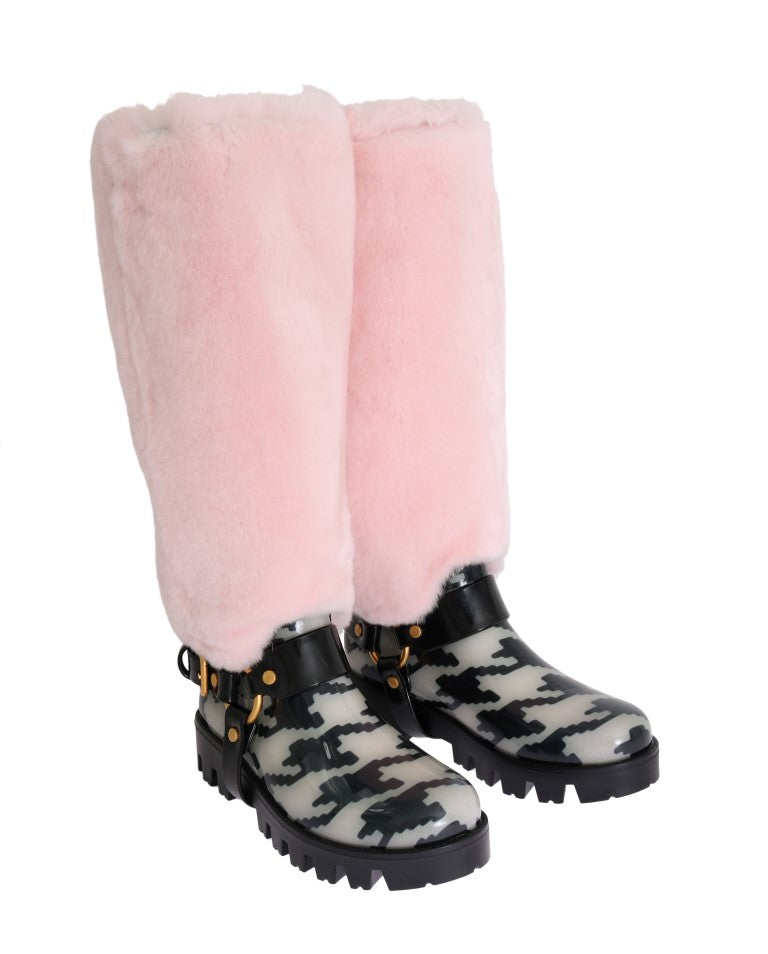 Pink Rubber Lapin Fur Rain Boots