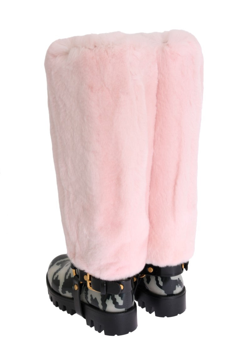 Pink Rubber Lapin Fur Rain Boots