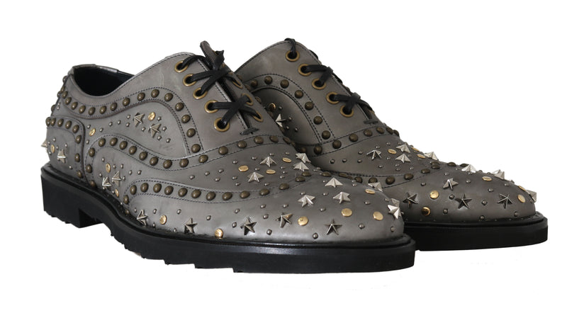 Gray Leather Laceups Wing Tip Studded Shoes