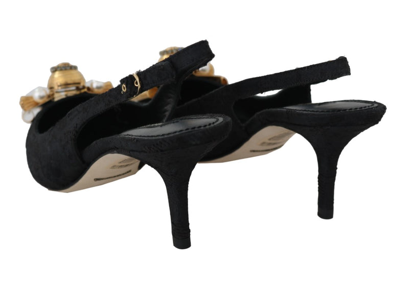 Black Jacquard Crystal Slingbacks Shoes