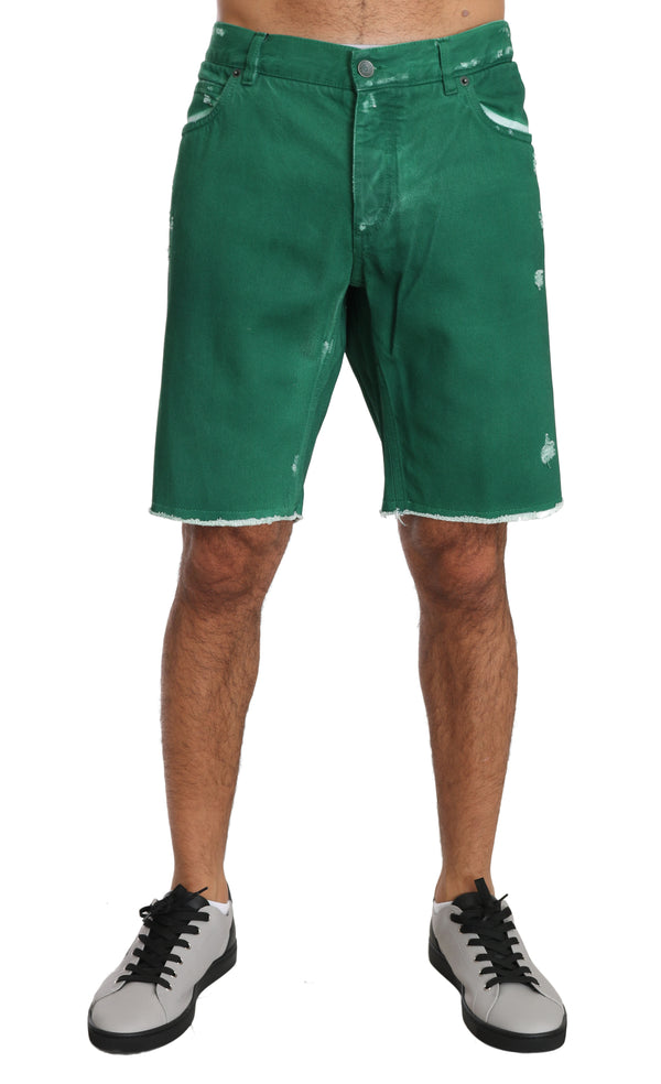 Green Denim Cotton Logo Above Knees Shorts