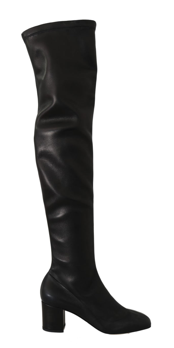 Black Stretch Leather Knee Boots