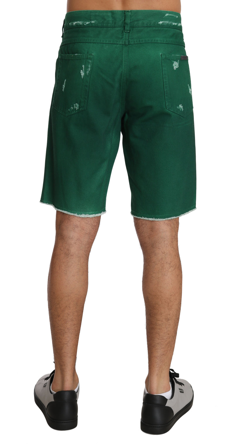 Green Denim Cotton Logo Above Knees Shorts
