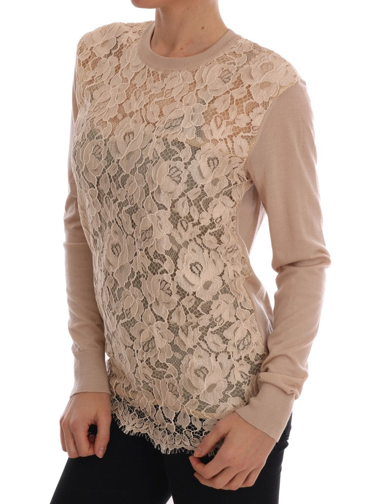 Beige Cashmere Lace Pullover Sweater