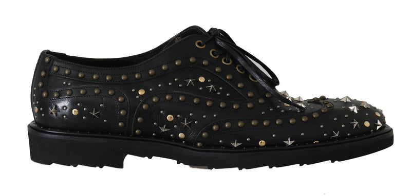 Black Leather Wingtip Derby Studded Shoes