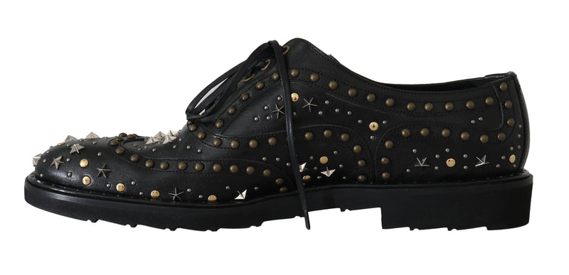 Black Leather Wingtip Derby Studded Shoes