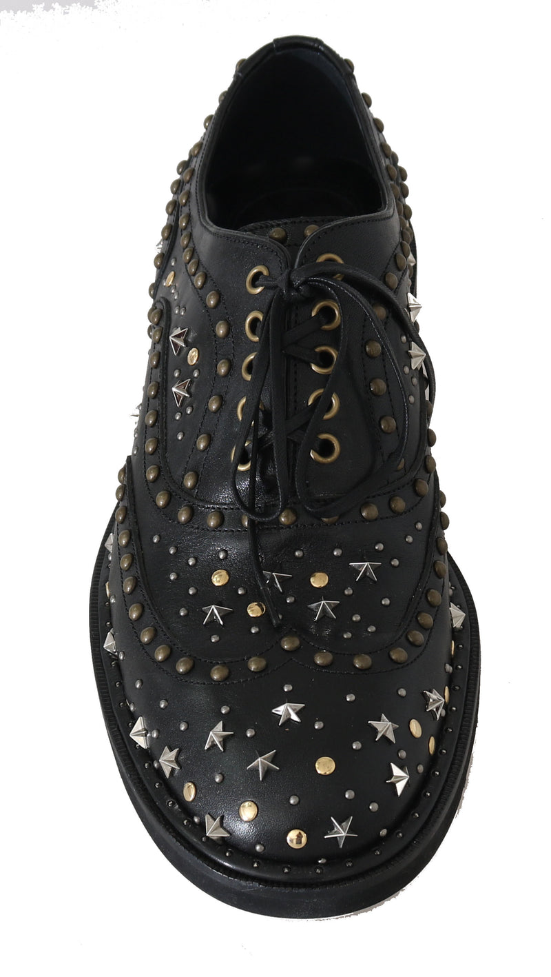 Black Leather Wingtip Derby Studded Shoes