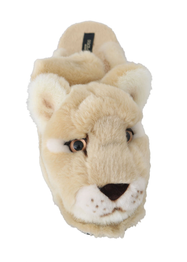 Beige Soft Fur Lioness Mules Slippers
