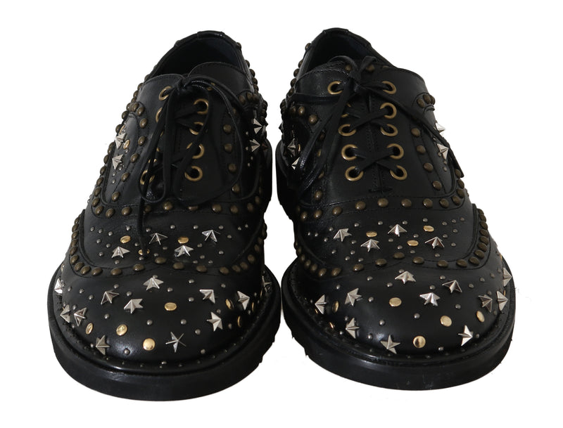 Black Leather Wingtip Derby Studded Shoes