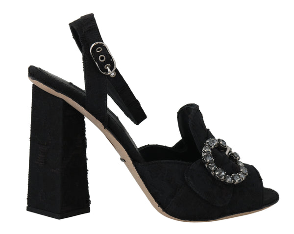 Black Jacquard Crystal Heels Sandals