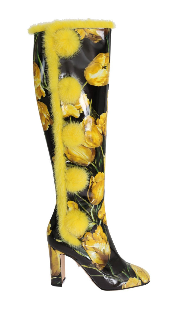 Yellow Tulip Print Leather Fur Boots