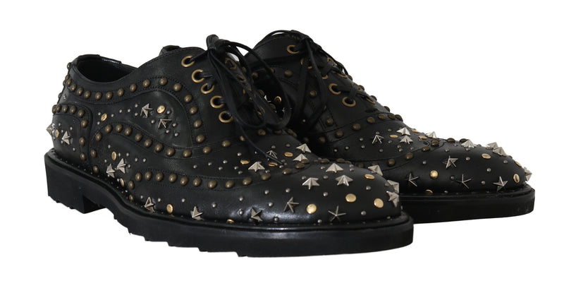 Black Leather Wingtip Derby Studded Shoes