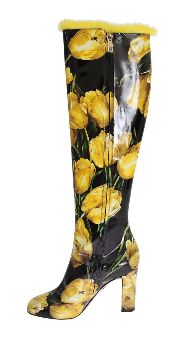 Yellow Tulip Print Leather Fur Boots