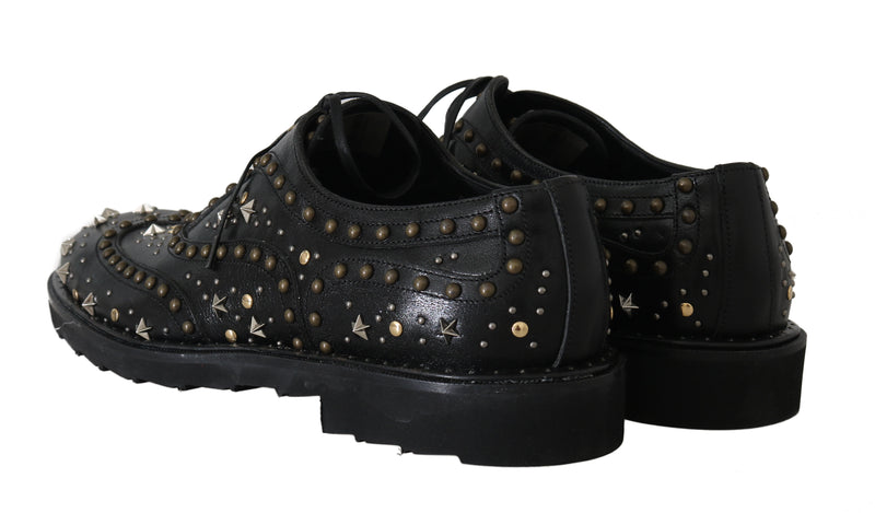 Black Leather Wingtip Derby Studded Shoes