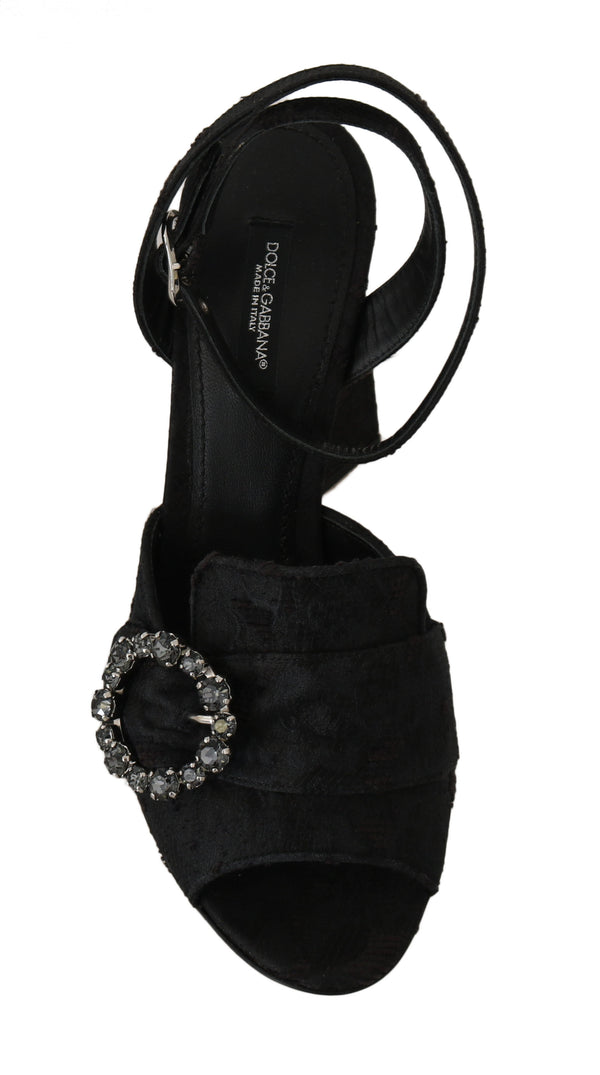 Black Jacquard Crystal Heels Sandals