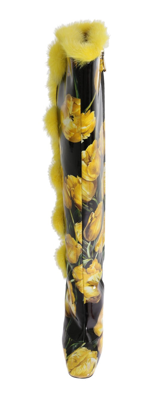Yellow Tulip Print Leather Fur Boots