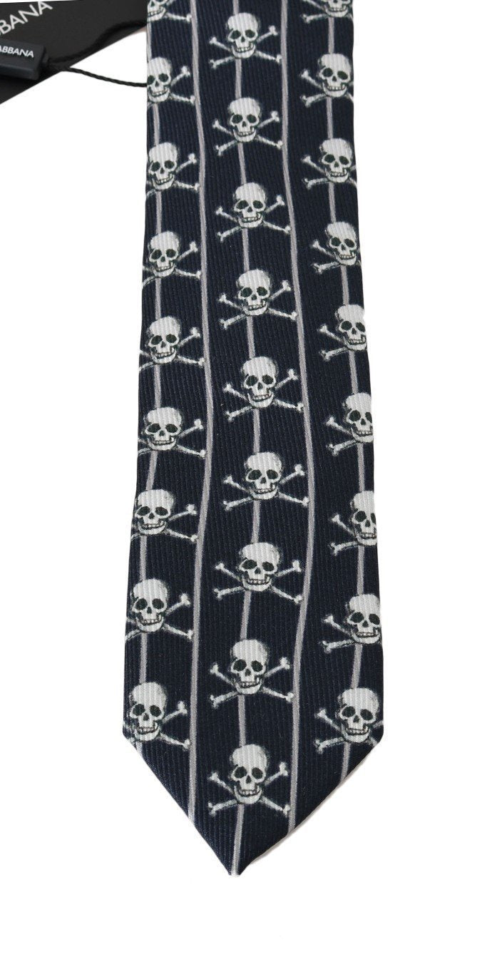 Blue Silk Skull Striped Print Tie