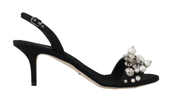 Black Satin Lace Crystal Pearl Sandals