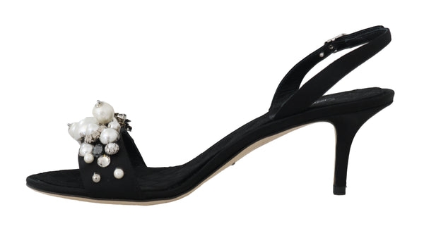 Black Satin Lace Crystal Pearl Sandals