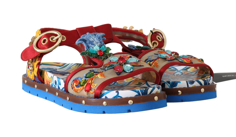 Red Leather Majolica Crystal Sandals