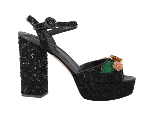 Black Sequin Leather Crystal Sandals