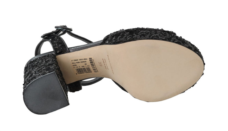 Black Sequin Leather Crystal Sandals