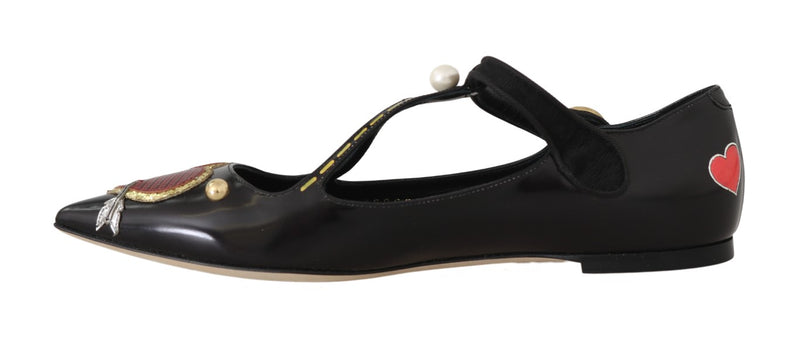 Black Leather Heart Flats Loafers Shoes