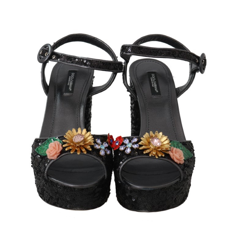 Black Sequin Leather Crystal Sandals