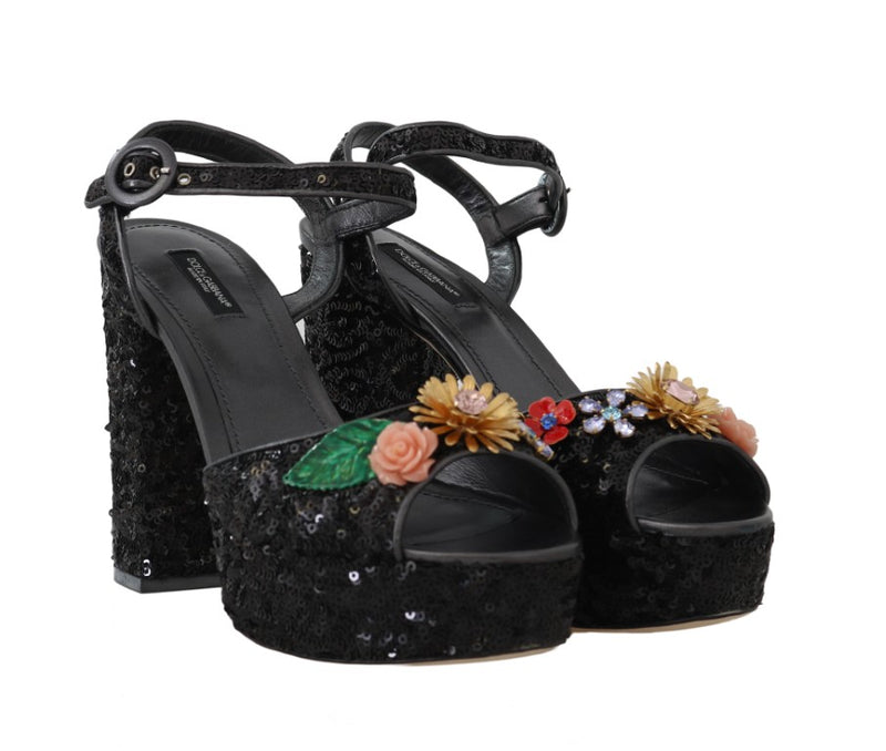 Black Sequin Leather Crystal Sandals