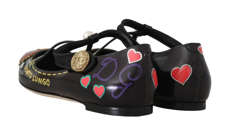 Black Leather Heart Flats Loafers Shoes