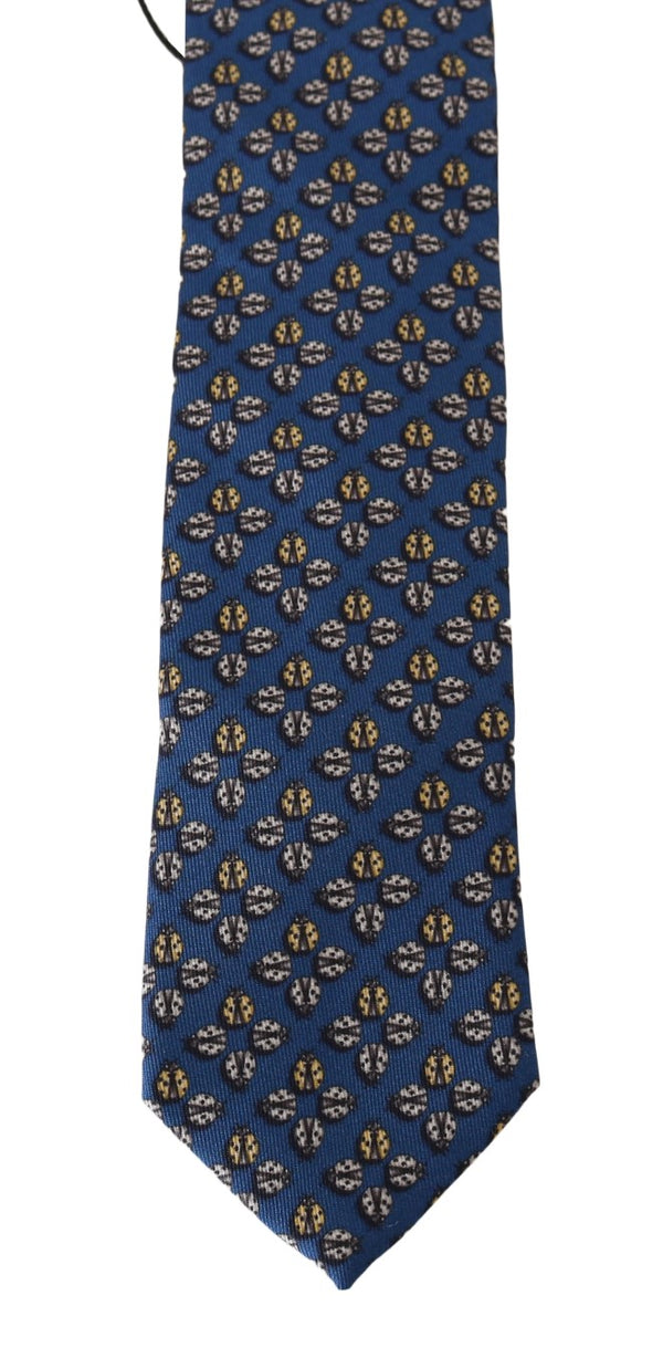 Blue Silk Gray Ladybug Print Tie