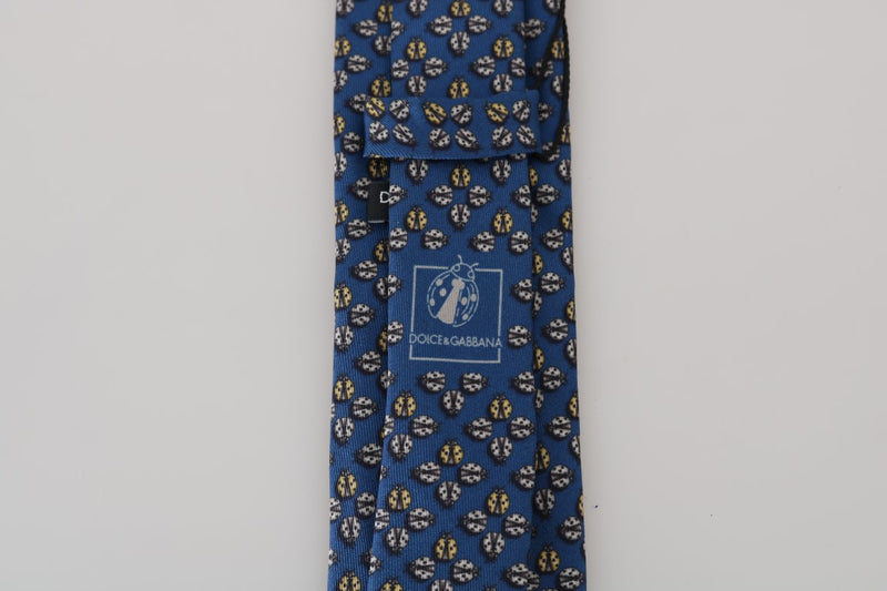 Blue Silk Gray Ladybug Print Tie