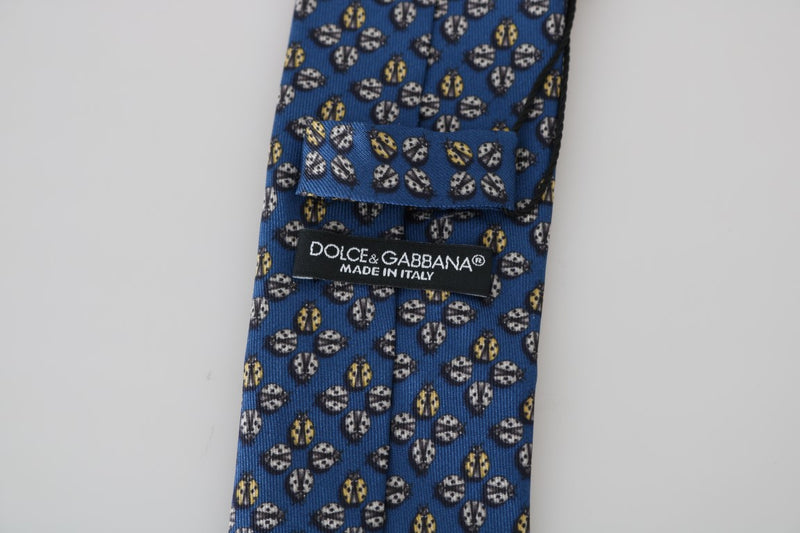 Blue Silk Gray Ladybug Print Tie