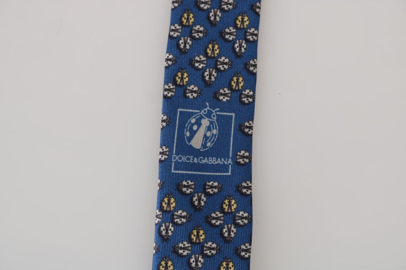 Blue Silk Gray Ladybug Print Tie