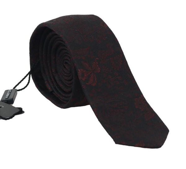Black Silk Floral Red Pattern Slim Tie