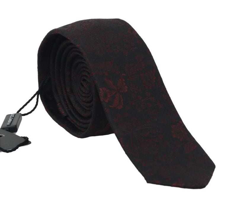 Black Silk Floral Red Pattern Slim Tie