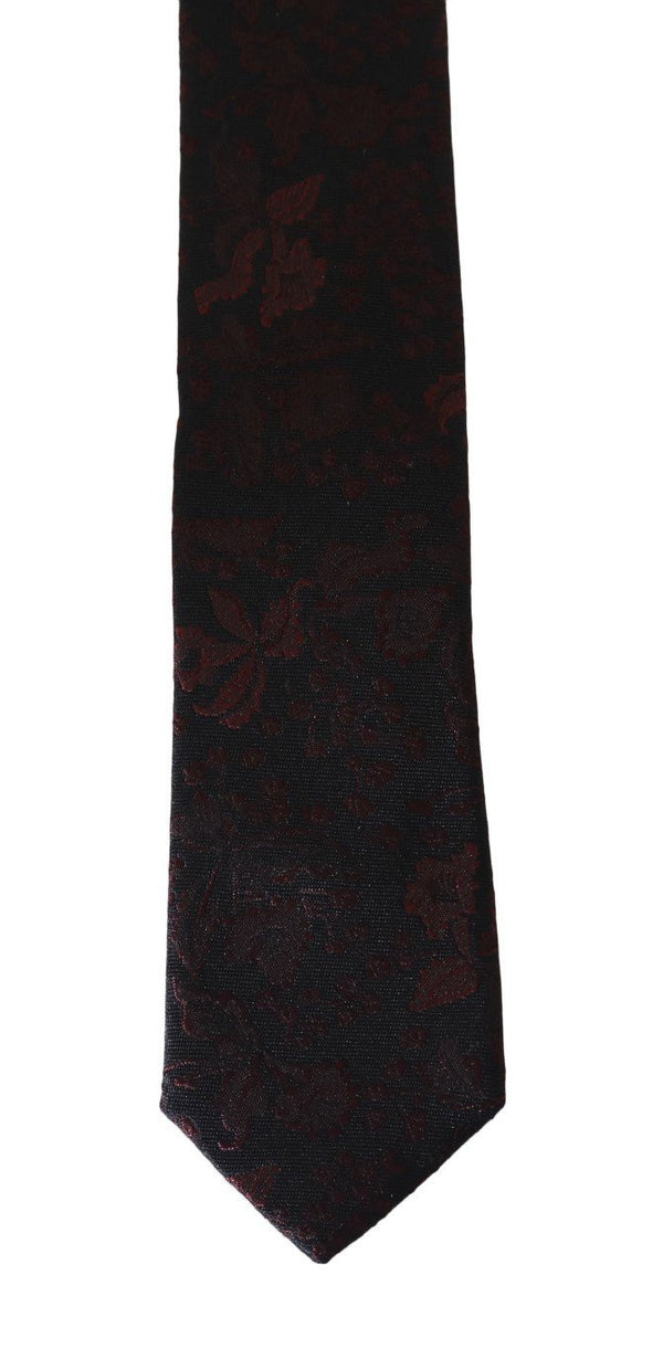 Black Silk Floral Red Pattern Slim Tie
