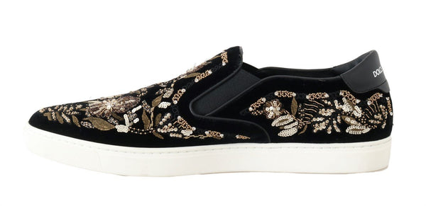 Black Velvet Gold Sequined Loafers