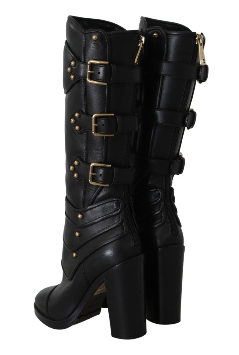 Black Leather Mid Calf Biker Boots