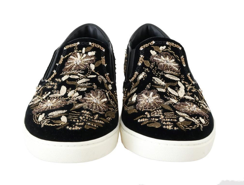 Black Velvet Gold Sequined Loafers