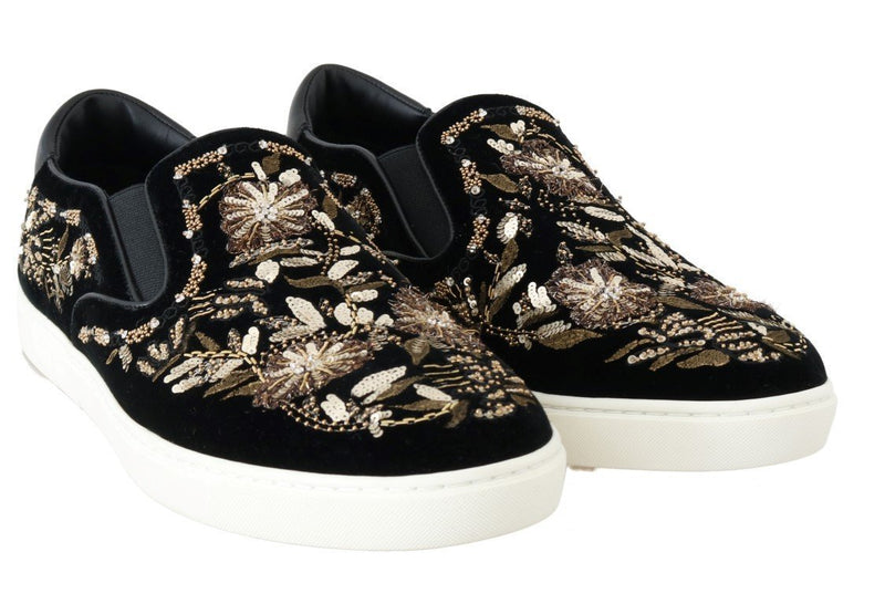 Black Velvet Gold Sequined Loafers