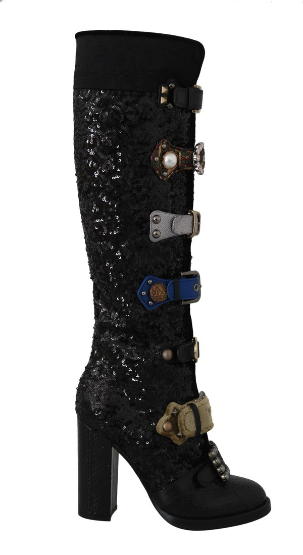 Black Crystal Sequined Buckle Boots