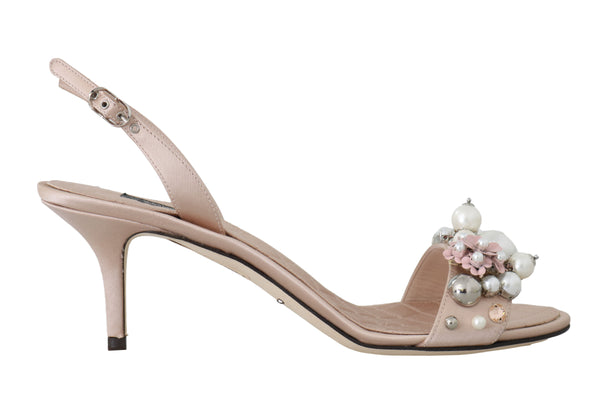 Beige Satin Lace Crystal Pearl Sandals