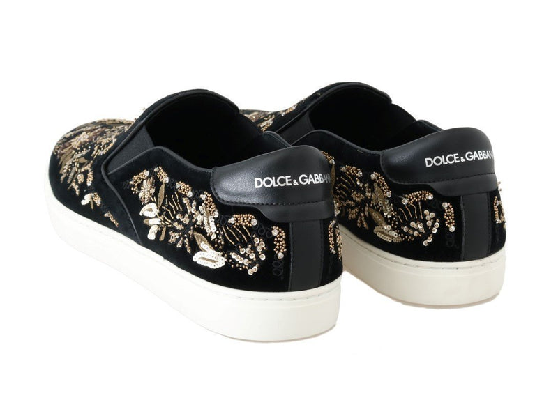 Black Velvet Gold Sequined Loafers