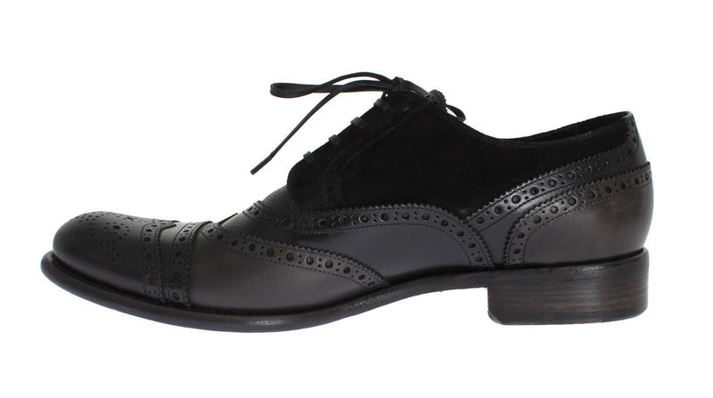Black Gray Leather Oxford Wingtip Shoes