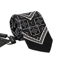 Black Silk White Bird Print Tie