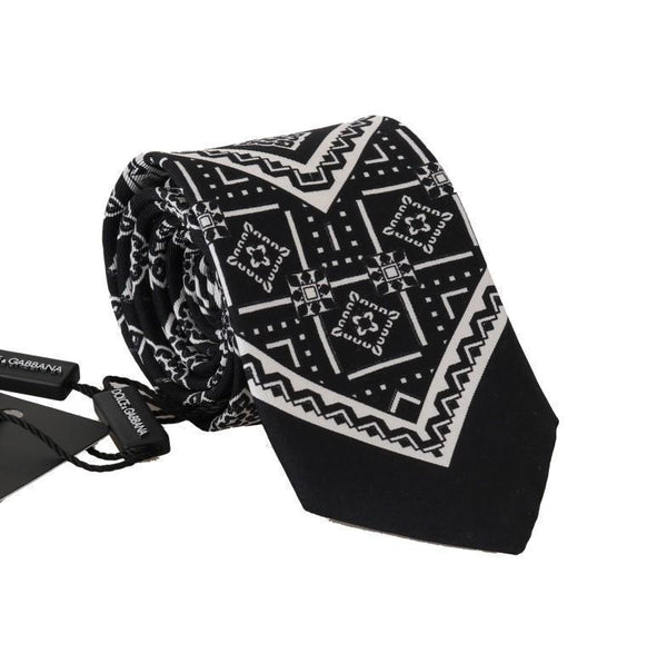 Black Silk White Bird Print Tie